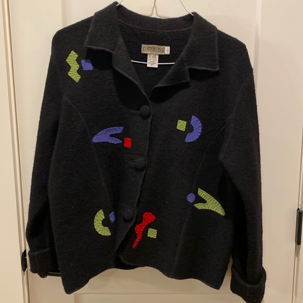 Canvasbacks Ladies Vintage Jacket. Wool. Size Large. 3 Buttons. Black.